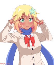 Rule 34 | 1girl, bad id, bad pixiv id, blonde hair, blush, bow, bowtie, cardigan, commentary request, dark-skinned female, dark skin, double v, earrings, flower, gabriel dropout, green eyes, gyaru, hair flower, hair ornament, heart, heart earrings, highres, jewelry, lipstick, long sleeves, loose bowtie, makeup, nail polish, nervous smile, nyaroon, pink nails, scarf, school uniform, short hair, single earring, smile, solo, sweat, tan, tapris chisaki sugarbell, twitter username, v, v over eye, white background