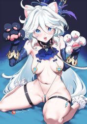 Rule 34 | 1girl, animal ears, animal hands, ascot, bare shoulders, blue eyes, blue hat, blush, breasts, brooch, cat ears, cat tail, collar, elbow gloves, furina (genshin impact), fuya (tempupupu), genshin impact, gloves, hat, jewelry, leash, long hair, looking at viewer, medium breasts, navel, noom, open mouth, paw gloves, sitting, slingshot swimsuit, smile, socks, solo, swimsuit, tail, thigh strap, thighs, top hat, wariza, white hair