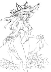 Rule 34 | 10s, 1girl, animal ears, bare shoulders, bracelet, braid, breasts, cat ears, cleavage, closed mouth, collarbone, covered navel, ears through headwear, erune, eyebrows, flower, frilled swimsuit, frills, granblue fantasy, greyscale, hair between eyes, hair tubes, hat, hat flower, hat ribbon, heles, hibiscus, jewelry, leaf, long hair, looking at viewer, medium breasts, monochrome, no nose, one-piece swimsuit, ribbon, sideboob, simple background, single braid, sketch, smile, solo, sun hat, swimsuit, tooya daisuke, white background