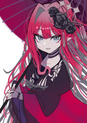 Rule 34 | 1girl, baobhan sith (dream portrait) (fate), baobhan sith (fate), black flower, black rose, fate/grand order, fate (series), fingernails, flower, grey eyes, hair flower, hair ornament, highres, holding, holding umbrella, iii (pixiv27971399), japanese clothes, kimono, limited palette, long hair, looking at viewer, nail polish, official alternate costume, oil-paper umbrella, pointy ears, red hair, red nails, rose, simple background, smile, solo, umbrella, upper body, white background, yukata