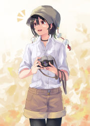 Rule 34 | 1girl, ^^^, belt, black choker, black hair, black pantyhose, brown hat, brown shorts, buttons, cabbie hat, camera, casual, choker, collared shirt, commentary request, cowboy shot, dress shirt, hair between eyes, hat, highres, holding, holding camera, looking to the side, mumyuu, open mouth, pantyhose, pom pom (clothes), red eyes, shameimaru aya, shirt, short hair, shorts, smile, solo, standing, touhou, white shirt, wing collar