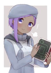 Rule 34 | 1girl, arrow (symbol), beret, blush, breasts, closed mouth, dark-skinned female, dark skin, fate/prototype, fate/prototype: fragments of blue and silver, fate (series), forehead, grey background, grey hat, grey jacket, hassan of serenity (fate), hat, head tilt, holding, i.u.y, jacket, long hair, long sleeves, parted bangs, purple eyes, purple hair, sidelocks, small breasts, smile, solo, translation request, two-tone background, upper body, v-shaped eyebrows, white background