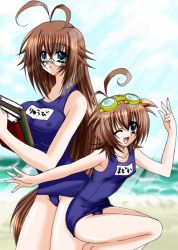 Rule 34 | 00s, 2girls, :o, ;d, age difference, amano madoka, antenna hair, arm up, armpits, bad id, bad pixiv id, beach, beyblade, blue eyes, blue sky, book, breasts, brown hair, cameltoe, cloud, cowboy shot, day, fingernails, glasses, goggles, goggles on head, hair between eyes, holding, ikkitousen, jumping, kuroneko dejiko, large breasts, light rays, long fingernails, long hair, looking at viewer, looking back, metal fight beyblade, multiple girls, name tag, ocean, one-piece swimsuit, one eye closed, open mouth, outdoors, outstretched arm, parted lips, profile, ryuubi gentoku, school swimsuit, shindo kei, shindou kei (voice actor), short hair, sky, small breasts, smile, spiked hair, standing, sunbeam, sunlight, swimsuit, taut clothes, taut swimsuit, v, very long hair, voice actor connection, water, wink