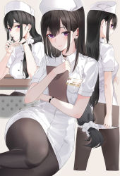Rule 34 | 1girl, black choker, black hair, buttons, choker, closed mouth, eyes visible through hair, from behind, hair tie, hat, highres, holding, id card, kfr, long hair, multiple views, nurse, original, pantyhose, pen to mouth, pocket, purple eyes, short sleeves, sidelocks, simple background, sitting, smile, standing, watch