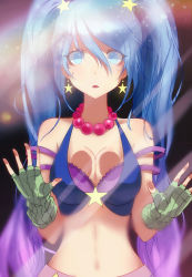 Rule 34 | 1girl, :o, against glass, alternate costume, arcade sona, blank stare, blue eyes, blue hair, bra, breast press, breasts, breasts on glass, cleavage, earrings, eren (artist), fingerless gloves, glass, gloves, hair ornament, halterneck, halterneck, highres, jewelry, league of legends, looking at viewer, matching hair/eyes, navel, necklace, solo, sona (league of legends), star (symbol), star earrings, star hair ornament, strap slip, twintails, underwear