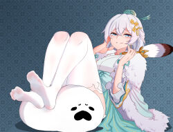 Rule 34 | 1girl, :d, blue eyes, blue nails, convenient censoring, cushion, feet, full body, grin, hair ornament, half-closed eyes, hand fan, highres, holding, holding fan, honkai (series), honkai impact 3rd, long hair, long sleeves, looking at viewer, lying, nail polish, no shoes, on back, open mouth, smile, soles, solo, teeth, theresa apocalypse, zhuge kongming (honkai impact), thighhighs, toes, wenzheng147, white hair, white thighhighs, zhuge kongming (honkai impact)