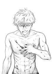Rule 34 | 1boy, abs, absurdres, blood, blood on chest, blood on face, chainsaw, chainsaw man, collarbone, commentary request, denji (chainsaw man), evil grin, evil smile, greyscale, grin, hatching (texture), highres, kiunchiku, male focus, monochrome, navel, nosebleed, pull cord, sharp teeth, smile, solo, teeth, toned, toned male, topless male, upper body