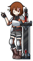 Rule 34 | 1girl, ;), armor, belt, belt buckle, black gloves, boots, breastplate, broadsword, brown belt, brown footwear, brown hair, buckle, cross-laced footwear, dungeons &amp; dragons, fingerless gloves, full body, fur-trimmed boots, fur trim, gem, gloves, greatsword, hair between eyes, hair ornament, hairclip, highres, holding, holding sword, holding weapon, ikazuchi (kancolle), kantai collection, lace-up boots, looking at viewer, one eye closed, parted lips, raythalosm, short hair, shoulder armor, simple background, smile, solo, sparkle, standing, sword, v-shaped eyebrows, weapon, white background