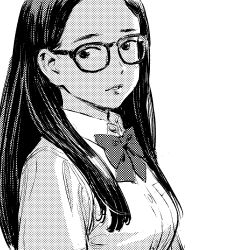 Rule 34 | 1girl, bow, bowtie, collared shirt, commentary request, from side, glasses, greyscale, halftone, highres, long hair, looking at viewer, looking to the side, monochrome, nazo no anime-dan, original, parted bangs, parted lips, school uniform, shirt, simple background, solo, upper body, white background, wing collar
