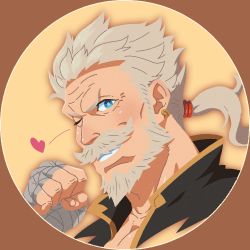 Rule 34 | 1boy, bad id, bad pixiv id, bandages, beard, blue eyes, close-up, earrings, facial hair, granblue fantasy, grey hair, heart, highres, jewelry, long hair, looking at viewer, male focus, manly, mustache, old, old man, one eye closed, pectorals, portrait, profile picture, round image, smith (ardp13), solo, soriz