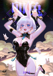 Rule 34 | 1girl, :d, animal, animal ears, armpits, arms up, black footwear, blush, breasts, bulge, cleavage, detached collar, earrings, extra ears, gluteal fold, hetero, highres, jewelry, leotard, looking at viewer, medium breasts, open mouth, original, playboy bunny, rabbit, rabbit ears, short hair, sky, smile, solo, star (sky), starry sky, teeth, v, w, white hair, wolksheep, wrist cuffs