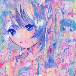 Rule 34 | 2girls, acrylic paint (medium), bare shoulders, blue eyes, blue hair, chibi, closed mouth, cropped, highres, looking at viewer, multiple girls, original, painting (medium), portrait, short hair, spaghetti strap, sparkle, star (symbol), traditional media, yuuutu 666