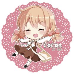 Rule 34 | 1girl, ^ ^, bag, blush, bow, brown footwear, brown skirt, character name, chibi, closed eyes, commentary request, doily, facing viewer, full body, gochuumon wa usagi desu ka?, hair bow, handbag, hoto cocoa, long hair, long sleeves, massala, open mouth, orange hair, outline, outstretched arms, pink background, pink bow, sailor collar, shirt, short twintails, skirt, smile, solo, spread arms, suspender skirt, suspenders, twintails, white legwear, white outline, white shirt