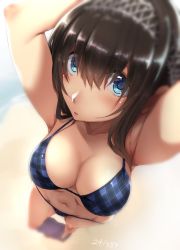 Rule 34 | 10s, 1girl, arms up, beach, bikini, black hair, blue eyes, blue sky, breasts, checkered bikini, checkered clothes, cleavage, commentary request, day, foreshortening, hairband, idolmaster, idolmaster cinderella girls, large breasts, long hair, looking at viewer, murasame nohito, navel, nohito, ocean, plaid, plaid bikini, sagisawa fumika, sky, solo, swimsuit