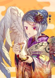 Rule 34 | 1girl, :d, alternate hairstyle, animal print, blowing, bowl, braid, chopsticks, crescent, crescent hair ornament, egasumi, feathered wings, floral print, flower, food, grey hair, hair bun, hair flower, hair ornament, hair stick, hairpin, japanese clothes, jitome, kimono, kishin sagume, layered clothes, layered kimono, looking at viewer, mochi, obi, open mouth, orange background, purple kimono, rabbit print, red eyes, sash, sidelocks, single hair bun, single wing, smile, solo, touhou, upper body, wagashi, white wings, wide sleeves, wings, zounose, | |