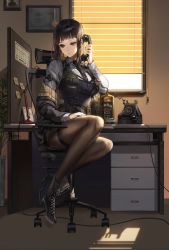 Rule 34 | 1girl, absurdres, alcohol, antique phone, black footwear, black hair, black jacket, black pantyhose, blue eyes, blunt bangs, boots, bottle, brown pantyhose, chair, cigarette, commentary, cross-laced footwear, desk, english commentary, frown, full body, gloves, gun, hand up, high heels, highres, holding, indoors, jacket, jim beam (whiskey), kim eb, lace-up boots, legs, long hair, looking at viewer, medium hair, mole, mole under mouth, off shoulder, office, office chair, original, pantyhose, phone, police, police uniform, policewoman, rifle, rotary phone, shirt, shoes, sitting, skirt, solo, swivel chair, talking on phone, uniform, weapon, whiskey, window