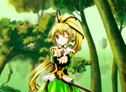 Rule 34 | 1girl, bare shoulders, blonde hair, elf, elsword, forest, nature, open mouth, pointy ears, rena erindel, solo, tree, wink, yellow eyes