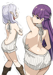 Rule 34 | 2girls, absurdres, back, bare arms, bare back, bare shoulders, boots, breasts, brown footwear, closed eyes, closed mouth, crossed arms, drop earrings, earrings, fern (sousou no frieren), frieren, from behind, grey background, grey hair, highres, jewelry, large breasts, long hair, looking at viewer, looking back, meme attire, multiple girls, naked sweater, no bra, no panties, pointy ears, purple eyes, purple hair, shiny skin, sideboob, simple background, sousou no frieren, sweater, tenten (chan4545), trembling, virgin killer sweater