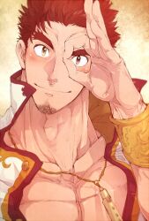 Rule 34 | 1boy, arm up, bara, bracer, closed mouth, collarbone, collared shirt, columns ke, commentary request, facial hair, fafnir (f-kare), goatee stubble, hair slicked back, heterochromia, highres, jewelry, long neck, looking at viewer, male focus, muscular, muscular male, necklace, ok sign, ok sign over eye, pectorals, red eyes, red hair, shirt, short hair, shoukan yuusha to f-kei kareshi, simple background, smile, solo, stubble, thick eyebrows, upper body, yellow eyes