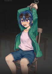 Rule 34 | 1girl, blue hair, blue shorts, blush, bound, bound wrists, chair, commentary request, copyright request, eyewear on head, feet out of frame, flat chest, green jacket, hakonnbo, highres, indoors, jacket, kitchen, looking afar, open mouth, purple eyes, refrigerator, shirt, short hair, shorts, sitting, solo, sunglasses, table, tearing up, white shirt