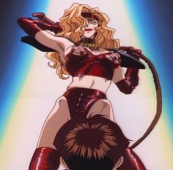 Rule 34 | 1990s (style), 1boy, 1girl, anime screenshot, blonde hair, breasts, dominatrix, golden boy, gradient background, hair over one eye, highres, large breasts, latex, lipstick, long hair, makeup, nipples, onna shachou, ooe kintarou, red lips, retro artstyle, screencap, stitched, tagme, third-party edit