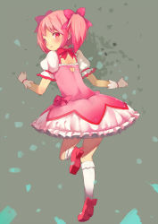 Rule 34 | 10s, 1girl, atage, bad id, bad pixiv id, blush, bow, bubble skirt, dress, gloves, grey background, hair bow, heart, kaname madoka, looking back, magical girl, mahou shoujo madoka magica, mahou shoujo madoka magica (anime), open mouth, pink eyes, pink hair, short hair, short twintails, skirt, solo, twintails