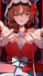 Rule 34 | 1girl, animal ears, breasts, brown hair, collarbone, gem, heart, highres, horse ears, horse girl, long hair, looking at viewer, open mouth, reaching, reaching towards viewer, red eyes, ribbon, simple background, small breasts, solo, still in love (umamusume), string, string of fate, tamukoro, umamusume, veil