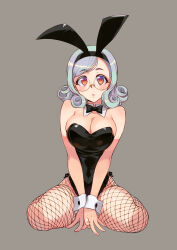 Rule 34 | 1girl, absurdres, animal ears, bare shoulders, black bow, black bowtie, black leotard, blush, bow, bowtie, breasts, chinese zodiac, cleavage, detached collar, fake animal ears, fishnet pantyhose, fishnets, glasses, grey background, highres, kusanagi tonbo, large breasts, leotard, lips, looking at viewer, original, pantyhose, parted lips, playboy bunny, rabbit ears, simple background, sitting, solo, strapless, strapless leotard, wariza, wrist cuffs, year of the rabbit