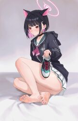 Rule 34 | 1girl, absurdres, animal ears, barefoot, black hair, blue archive, blush, feet, highres, holding, holding shoes, kazusa (blue archive), looking away, medium hair, multicolored hair, no panties, pussy, red eyes, shoes, unworn shoes, single shoe, soles, sweat, toes, two-tone hair