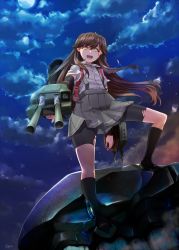 Rule 34 | 10s, 1girl, abyssal ship, ajino (sakanahen), arashio (kancolle), arm warmers, battle, bike shorts, black socks, brown hair, cannon, cloud, cloudy sky, fire, full moon, highres, i-class destroyer, injury, kantai collection, kneehighs, long hair, moon, night, ocean, open mouth, pleated skirt, shirt, shoes, short sleeves, skirt, sky, smile, socks, suspenders, turret, white shirt, yellow eyes