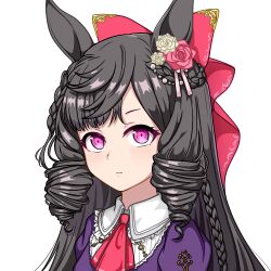 Rule 34 | 1girl, absurdres, animal ears, ascot, black hair, bow, braid, closed mouth, commentary request, daiichi ruby (umamusume), dress, drill hair, ear ornament, hair bow, highres, horse ears, horse girl, long hair, looking at viewer, lye7d, pink eyes, purple dress, red ascot, red bow, simple background, solo, twin drills, umamusume, upper body, white background