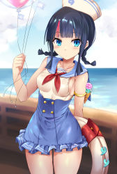 Rule 34 | 1girl, armlet, balloon, bare shoulders, black hair, blue eyes, blue sailor collar, blue skirt, blush, braid, breasts, buttons, double-breasted, fate/grand order, fate (series), hat, highres, innertube, looking at viewer, low twin braids, medium breasts, medium hair, multicolored hair, one-piece swimsuit, pink hair, sailor collar, sailor hat, sen (astronomy), sidelocks, skirt, solo, streaked hair, swim ring, swimsuit, thighs, twin braids, utsumi erice, utsumi erice (swimsuit avenger), utsumi erice (swimsuit avenger) (second ascension), white hat, white one-piece swimsuit