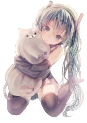 Rule 34 | 1girl, absurdres, animal-shaped pillow, aqua eyes, aqua hair, black footwear, black skirt, blush, boots, closed mouth, collared shirt, detached sleeves, frills, frown, full body, gluteal fold, grey shirt, hair between eyes, hair ornament, hatsune miku, head tilt, highres, long hair, looking at viewer, miniskirt, necktie, hugging object, opopowa, paw print, pillow, pillow hug, pleated skirt, shirt, simple background, sitting, skirt, solo, stuffed animal, stuffed cat, stuffed toy, tattoo, tears, thigh boots, thighhighs, twintails, upskirt, vocaloid, wariza, white background