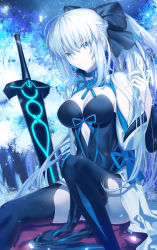 Rule 34 | 1girl, armor, black armor, blue eyes, braid, center opening, clothing cutout, excalibur (fate/stay night), excalibur morgan (fate), fate/grand order, fate (series), french braid, highres, long hair, looking at viewer, morgan le fay (fate), name connection, neko daruma, platinum blonde hair, ponytail, solo, stomach cutout, sword, two-tone dress, weapon