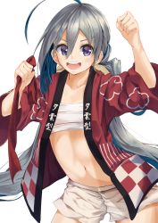 Rule 34 | 1girl, ahoge, bad anatomy, brown shorts, clothes writing, cloud print, collarbone, cowboy shot, grey eyes, grey hair, hair between eyes, happi, highres, japanese clothes, kantai collection, kiyoshimo (kancolle), konkito, long hair, looking at viewer, low twintails, navel, open clothes, open mouth, sarashi, short shorts, shorts, simple background, smile, solo, stomach, teeth, thighs, twintails, very long hair, white background