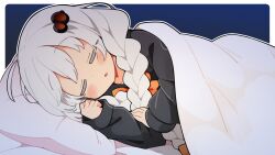 1girl blue_background blush border bow braid closed_eyes hair_bow hair_ornament head_on_pillow highres ini_(inunabe00) kizuna_akari long_hair long_sleeves lying on_bed on_side open_mouth orange_bow outline sleeping solo twin_braids under_covers vocaloid voiceroid white_border white_hair white_outline