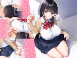 Rule 34 | 1boy, 1girl, artist request, black hair, blouse, blush, bow, breasts, ear cleaning, faceless, faceless male, from above, hair over eyes, head tilt, heart, huge breasts, indoors, kneeling, long hair, massage, mimikaki, on bed, original, purple eyes, red bow, red neckwear, school uniform, shirt, skirt, striped, striped bow, taut clothes, taut shirt, thighs, white shirt