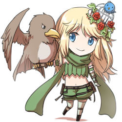 Rule 34 | 1girl, belt, bird, birdcage, blonde hair, blue eyes, bluebird, boots, breasts, brown belt, brown footwear, cage, chibi, closed mouth, commentary request, elbow gloves, falcon, falconry, fingerless gloves, flower, full body, gloves, green gloves, green scarf, green shorts, green thighhighs, green tube top, hair flower, hair ornament, leaf hair ornament, long hair, looking at animal, looking to the side, midriff, natsuya (kuttuki), navel, pouch, ragnarok online, ranger (ragnarok online), red flower, rose, scarf, shorts, simple background, small breasts, smile, solo, strapless, thighhighs, tube top, white background