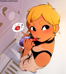 Rule 34 | 1girl, ?, absurdres, artist name, bare shoulders, black choker, black eyes, black tank top, blush, borrowed character, brown sweater, bubble tea, choker, cup, disposable cup, earrings, from above, heart, highres, holding, jewelry, looking at viewer, notice lines, original, pudgeruffian, sandals, short hair, solo, speech bubble, spoken lipstick mark, spoken question mark, standing, sweater, tank top, thai (negsus)