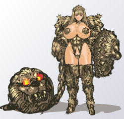 Rule 34 | 1girl, armor, bad anatomy, ball and chain (weapon), bikini armor, blonde hair, blunt bangs, boots, breasts, c-string, chain, cleavage, color guide, curvy, full body, gauntlets, gradient background, hairband, highres, huge breasts, huge weapon, lion, long hair, looking at viewer, nameo (judgemasterkou), original, pasties, poorly drawn, red eyes, shield, shoulder armor, smile, solo, spikes, standing, strapless bottom, thick thighs, thigh boots, thighhighs, thighs, weapon, wide hips