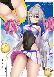 Rule 34 | &gt; &lt;, 1girl, absurdres, armpit cutout, ass, azur lane, black leotard, blue bow, blue sky, blush stickers, border, bow, breasts, casablanca (cheer squad on break) (azur lane), character name, cheerleader, cleavage, cleavage cutout, clothes lift, clothes writing, clothing cutout, cloud, confetti, copyright name, covered navel, crop top, cropped legs, day, fengyue jiang, gluteal fold, hair between eyes, hair bow, high ponytail, highleg, highleg leotard, highres, holding, large breasts, leotard, leotard peek, leotard under clothes, long hair, long sleeves, manjuu (azur lane), miniskirt, multiple views, outdoors, outside border, party popper, pom pom (cheerleading), purple eyes, silver hair, skirt, skirt lift, sky, straight hair, thighs, two-tone skirt, upskirt, very long hair, w arms, white border