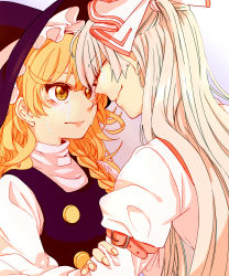 Rule 34 | 2girls, bad id, bad pixiv id, belt, belt buckle, blonde hair, bow, braid, breasts, buckle, closed eyes, closed mouth, crying, facing another, forehead-to-forehead, fujiwara no mokou, hair between eyes, hair ribbon, happy, hat, heads together, highres, kirisame marisa, leaning in, long hair, long sleeves, looking at another, multiple girls, puffy sleeves, ribbon, side braid, single braid, smile, sou futoshi, souta (karasu no ouchi), suspenders, tears, touhou, upper body, wavy hair, white bow, white hair, witch hat, yellow eyes
