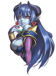 Rule 34 | 1girl, astaroth (shinrabanshou), bare shoulders, black sclera, blue skin, breasts, cleavage, colored sclera, colored skin, demon girl, earrings, finger to mouth, fingernails, heart, heart earrings, highres, horns, jewelry, large breasts, long hair, looking at viewer, miura hajime, nail polish, pointy ears, shinrabanshou, smile, solo, demon girl, upper body