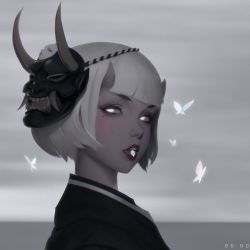 Rule 34 | 1girl, blunt bangs, bob cut, bug, butterfly, commentary, eyeshadow, glowing, glowing eyes, highres, horns, insect, japanese clothes, lipstick, looking at viewer, makeup, mask, mask on head, mole, mole under eye, oni, oni horns, oni mask, open mouth, original, short eyebrows, short hair, simple background, solo, symbol-only commentary, tongue, tongue out, white hair, zeronis