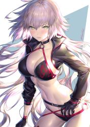 Rule 34 | 1girl, ahoge, belt, bikini, black bikini, black gloves, black jacket, blush, breasts, choker, cleavage, closed mouth, collarbone, cropped jacket, fate/grand order, fate (series), gloves, hair between eyes, hip focus, jacket, jeanne d&#039;arc alter (swimsuit berserker) (fate), jeanne d&#039;arc (fate), jeanne d&#039;arc alter (fate), jeanne d&#039;arc alter (swimsuit berserker) (fate), large breasts, long hair, looking at viewer, navel, o-ring, o-ring bottom, o-ring top, sencha (senchat), shrug (clothing), silver hair, skindentation, solo, swimsuit, thigh strap, thighs, very long hair, yellow eyes