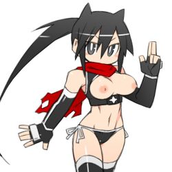 Rule 34 | 1girl, bikini, bikini bottom only, black eyes, black hair, black thighhighs, breasts, breasts out, cannsk, commentary request, fingerless gloves, gloves, hair horns, medium breasts, navel, original, ponytail, red scarf, scarf, side-tie bikini bottom, sleeves past elbows, solo, swimsuit, thighhighs, v-shaped eyebrows