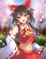Rule 34 | 1girl, 60mai, bare shoulders, black hair, blush, bow, brown eyes, detached sleeves, gohei, hair between eyes, hair bow, hair tubes, hakurei reimu, hand on own hip, holding, japanese clothes, long hair, navel, nontraditional miko, open mouth, red bow, red skirt, ribbon-trimmed sleeves, ribbon trim, sidelocks, skirt, solo, teeth, touhou, upper teeth only, wide sleeves