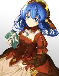 Rule 34 | 1girl, blue eyes, blue hair, blush, dress, fire emblem, fire emblem: the binding blade, fire emblem heroes, hat, highres, lilina (fire emblem), lilina (valentine) (fire emblem), long hair, looking at viewer, nintendo, simple background, smile, tdob mk2