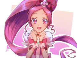 Rule 34 | 1girl, :d, blush, bow, brooch, choker, commentary request, cure blossom, dress, earrings, eyelashes, fpminnie1, hair bow, hair ornament, hanasaki tsubomi, happy, heart, heart brooch, heartcatch precure!, highres, jewelry, long hair, looking at viewer, magical girl, open mouth, pink choker, pink dress, pink eyes, pink hair, pink ribbon, ponytail, precure, puffy short sleeves, puffy sleeves, ribbon, short sleeves, sketch, smile, solo, very long hair, wrist cuffs