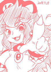 Rule 34 | 1girl, bowser peach, claws, collar, dated, earrings, fangs, gem, hat, jewelry, koopa peach, mario (series), mimasato, nintendo, pointy ears, possessed, princess peach, prototype design, simple background, sketch, smile, solo, spiked collar, spiked tail, spikes, super mario odyssey, tail, white background